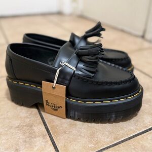 Dr. Martens Black Platform Tassel Loafers with Yellow Stitching